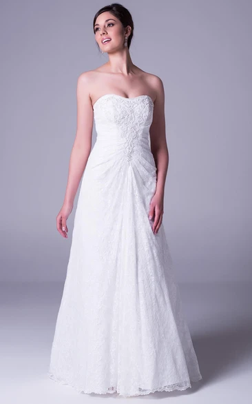 Sheath Draped Strapless Lace Wedding Dress With Court Train