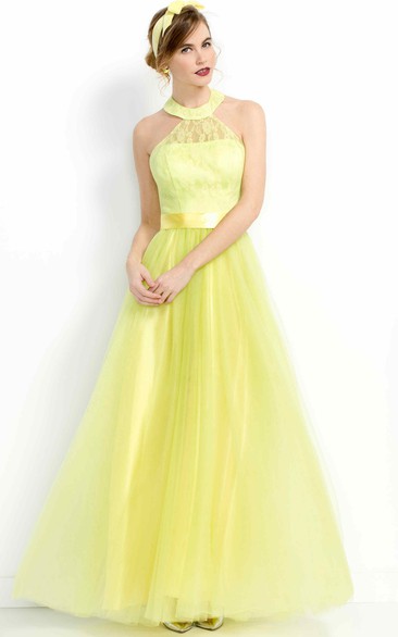 A-Line Long High-Neck Sleeveless Tulle Prom Dress