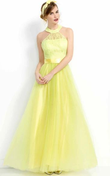 A-Line Long High-Neck Sleeveless Tulle Prom Dress