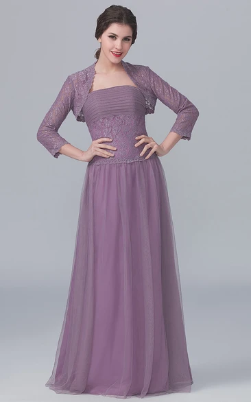 Strapless A-Line Gown With 3-4-Sleeved Lace Jacket