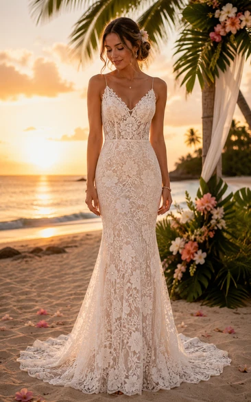 Beach Mermaid Lace Wedding Dress with Spaghetti Straps and Low Back Train