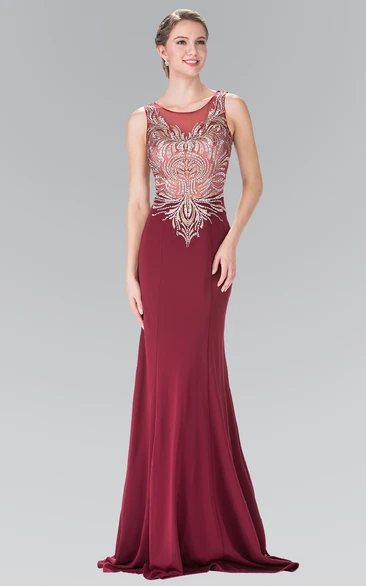 Sheath Maxi Scoop-Neck Sleeveless Jersey Illusion Dress With Beading