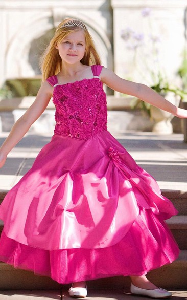 Ankle-Length Beaded Tiered Tulle&Lace Flower Girl Dress With Sash