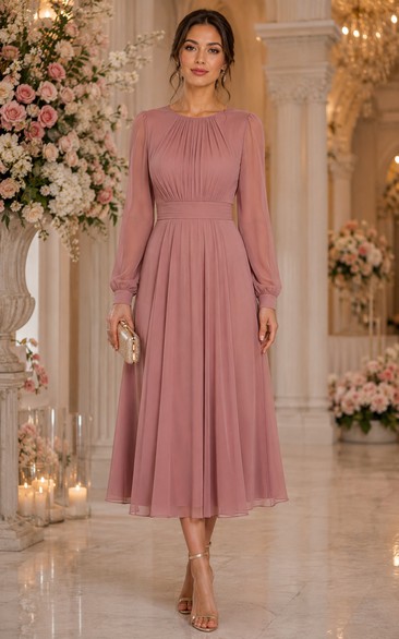 Jewel Neck Long Sleeve Chiffon Tea-Length Dress