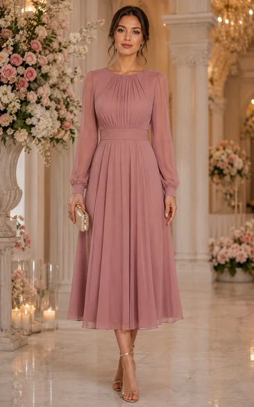 Jewel Neck Long Sleeve Chiffon Tea-Length Dress