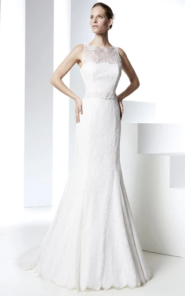 Sheath Maxi Jeweled Sleeveless Bateau Lace Wedding Dress With Illusion Back And Bow