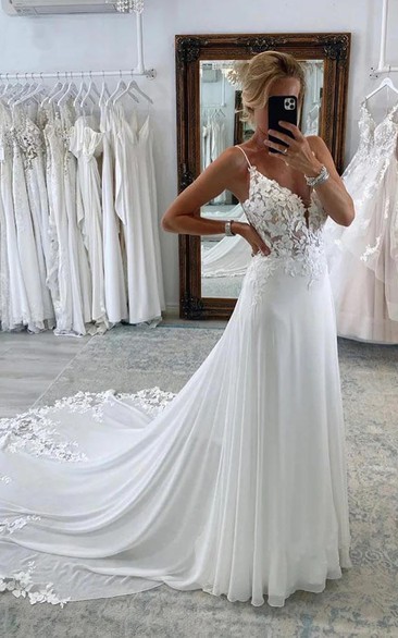 Spaghetti Chiffon Empire Wedding Dress with Lace Top
