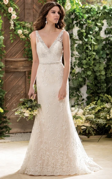 Sleeveless V-Neck Long Wedding Dress With Appliques And Deep V-Back