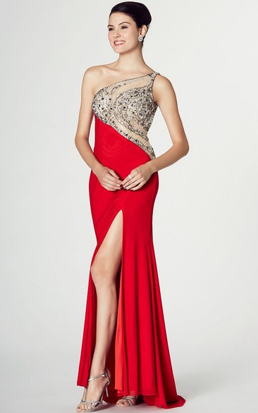 Sheath Sleeveless One-Shoulder Split-Front Jersey Prom Dress