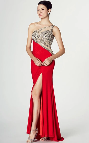 Sheath Sleeveless One-Shoulder Split-Front Jersey Prom Dress