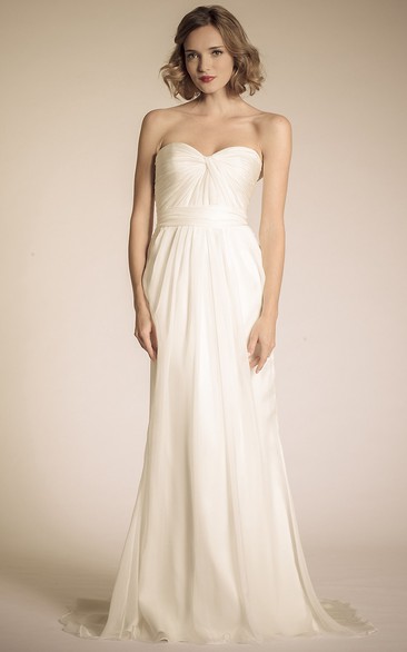 Sweetheart Maxi Ruched Chiffon Wedding Dress With Sweep Train And V Back