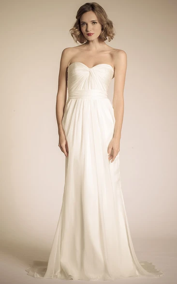 Sweetheart Maxi Ruched Chiffon Wedding Dress With Sweep Train And V Back