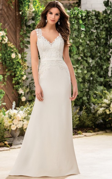 V-Neck Sleeveless Long Wedding Dress With Illusion Appliqued Back