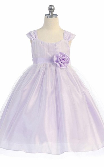 Tea-Length Straps Empire Tiered Tulle Flower Girl Dress