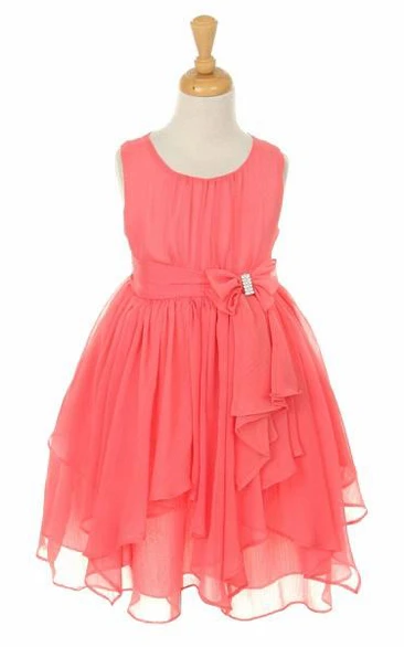 Tea-Length Bowed Broach Chiffon Flower Girl Dress