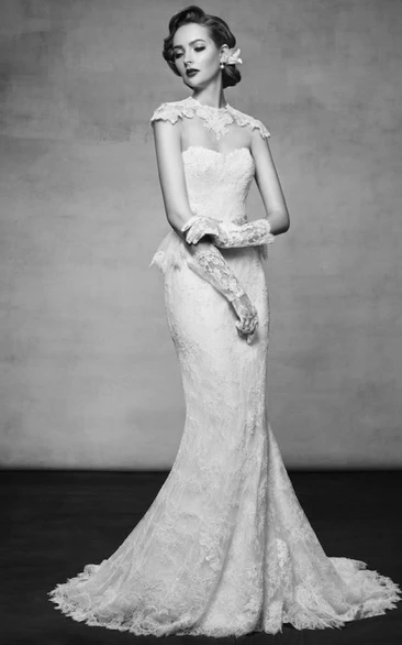 Maxi High Neck Appliqued Cap-Sleeve Lace Wedding Dress With Peplum