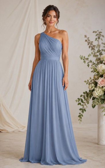 Steel Blue One-Shoulder A-Line Chiffon Bridesmaid Dress