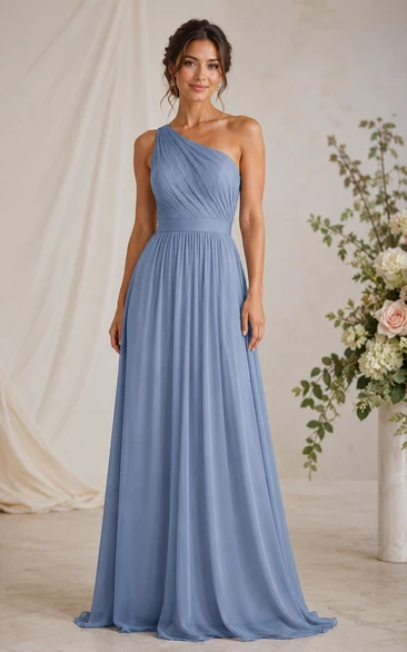 Steel Blue One-Shoulder A-Line Chiffon Bridesmaid Dress