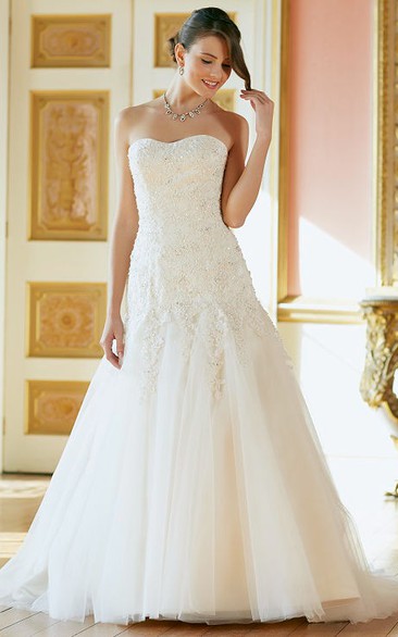 Long Strapless Beaded Sleeveless Tulle Wedding Dress