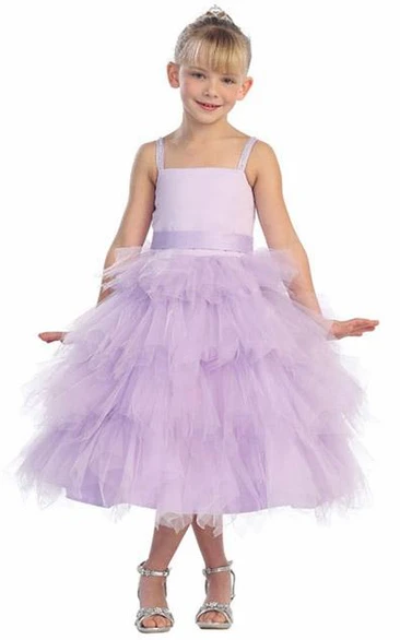 Tea-Length Spaghetti Beaded Tulle&Satin Flower Girl Dress