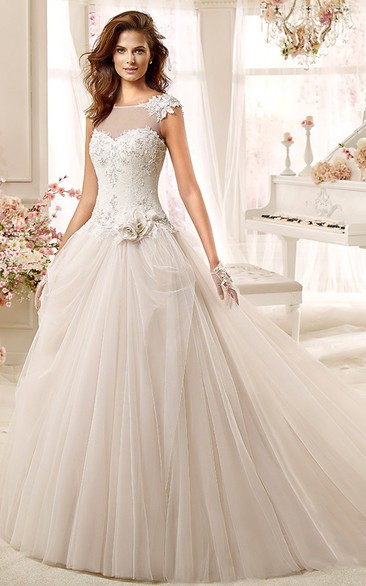 Jewel-neck Low-back A-line Wedding Dress with Flowers and Beaded Bodice