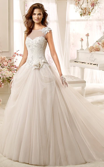 Jewel-neck Low-back A-line Wedding Dress with Flowers and Beaded Bodice
