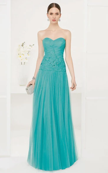 Sweetheart Drop Waist A-Line Tulle Long Prom Dress With Sequined Embroidery