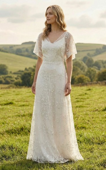 Boho Lace Wedding Dress A-Line V-Neck Flutter Sleeve Country Bridal Gown