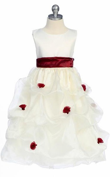 Tea-Length Ruched Organza&Satin Flower Girl Dress