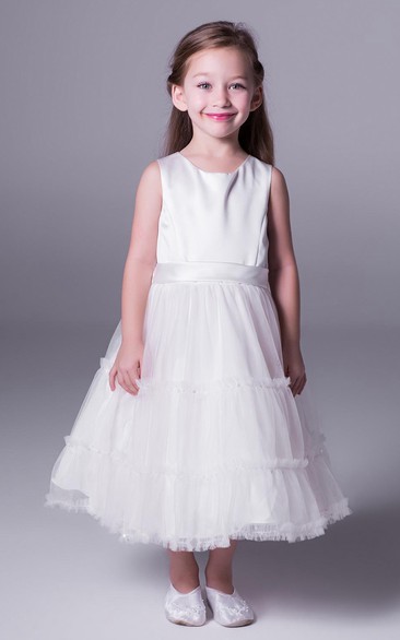 A-Line Tea-Length Scoop-Neck Bowed Sleeveless Satin Flower Girl Dress With Ruffles