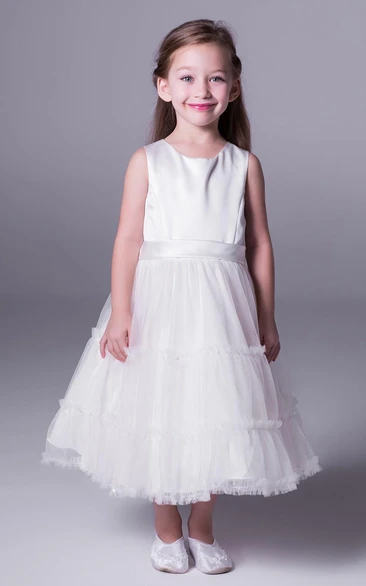 A-Line Tea-Length Scoop-Neck Bowed Sleeveless Satin Flower Girl Dress With Ruffles