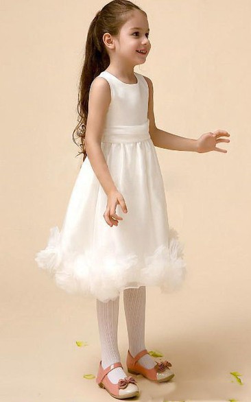 Flower Girl Scoop Neck Empire Organza Midi Dress With Floral Hem