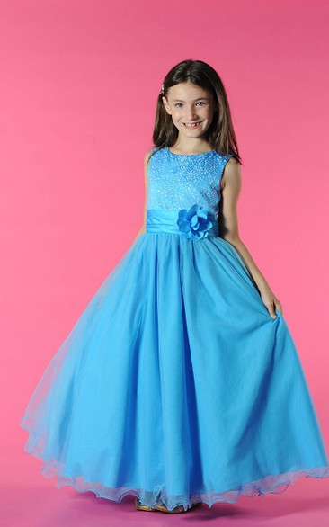 Flower Girl Scoop Neck A-line Tulle Long Dress With Waist Flower