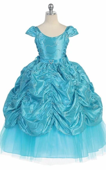 Ankle-Length Tiered Embroideried Lace&Taffeta Flower Girl Dress With Broach