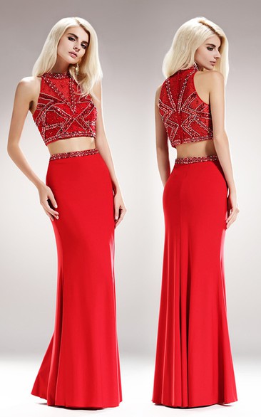 Two-Piece Sheath Jewel-Neck Sleeveless Jersey Dress With Beading And Pleats