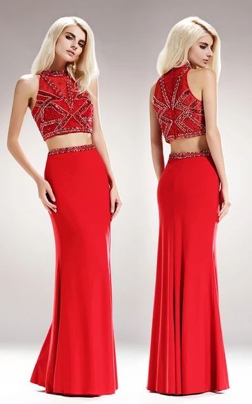 Two-Piece Sheath Jewel-Neck Sleeveless Jersey Dress With Beading And Pleats