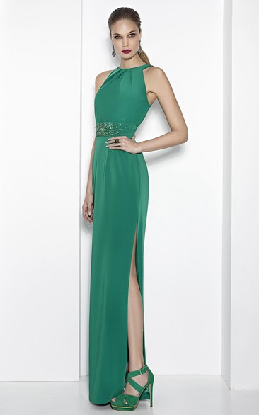 Sheath Floor-Length Split-Front High Neck Sleeveless Jersey Prom Dress