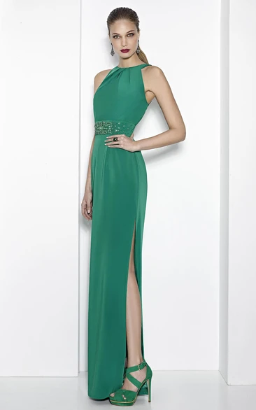 Sheath Floor-Length Split-Front High Neck Sleeveless Jersey Prom Dress