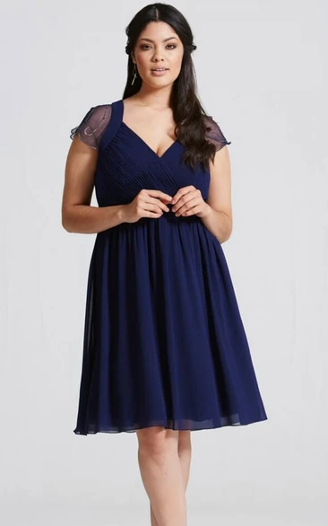 Mini Cap Sleeve V-Neck Ruched Chiffon Bridesmaid Dress With Sequins And Keyhole
