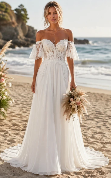 Off Shoulder A-Line Lace Wedding Dress with Sweetheart Bodice and Tulle Train