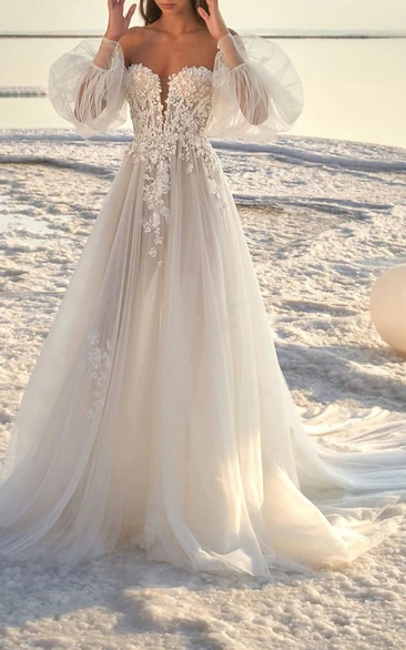Ethereal Off-Shoulder Tulle Ball Gown with Puff Sleeves