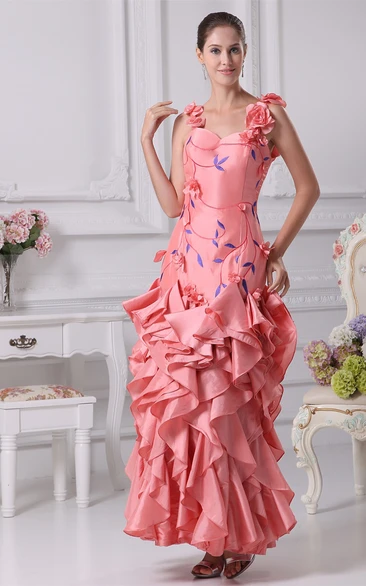 Sleeveless Ankle-Length Embroidered Dress With Cascading Ruffles