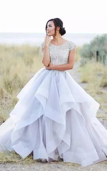 Adorable Garden Style Organza Ruffled Cap-sleeve Ball Gown Simple Wedding Dress
