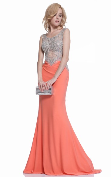 Sheath Scoop-Neck Sleeveless Jersey Illusion Dress With Beading