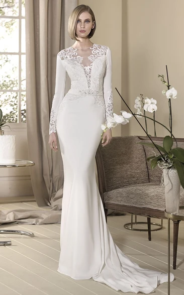 Sheath Long Appliqued High-Neck Long-Sleeve Jersey Lace Wedding Dress With Beading