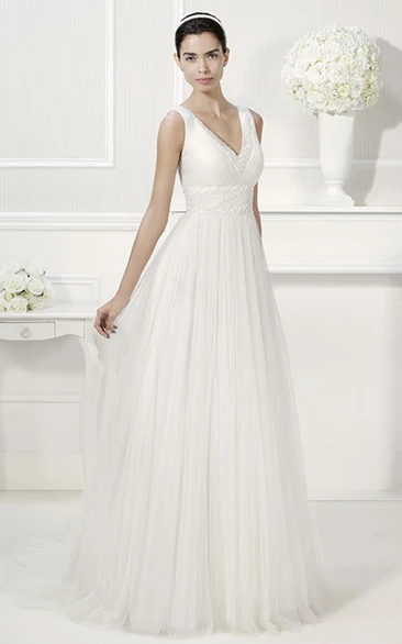 V Neck V Back Emprie Pleated A-Line Tulle Bridal Gown With Jewels