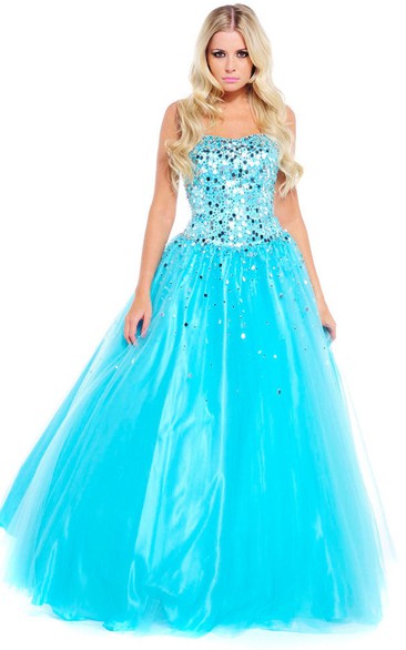 A-Line Sequined Strapless Sleeveless Floor-Length Tulle&Satin Prom Dress