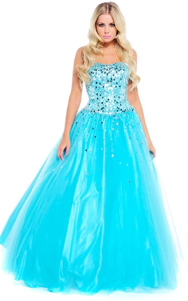 A-Line Sequined Strapless Sleeveless Floor-Length Tulle&Satin Prom Dress