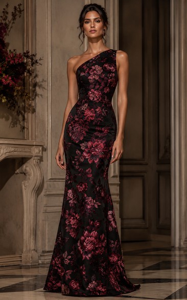 Mermaid Evening Dress with One-Shoulder, Sleeveless and Embroidery Flower, Floor Length