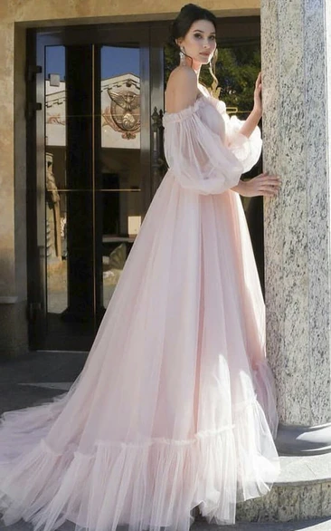 3/4 Poet Sleeves Charming Tulle Sweetheart Off-shoulder Princess Wedding Dress